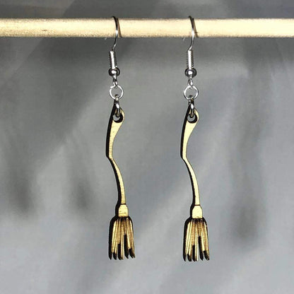 Witch Broom Wooden Dangle Earrings