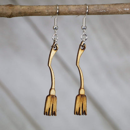 Witch Broom Wooden Dangle Earrings